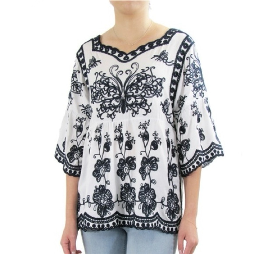 Indigo Poppy Boho Floral Embroidered Babydoll Top